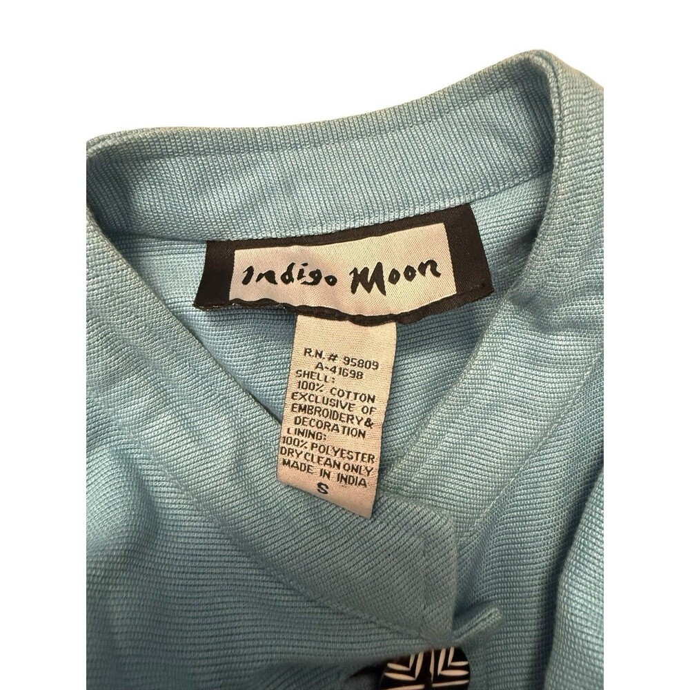 Indigo Moon Embroidered Floral Long Jacket Blue Cotton Mandarin Collar Size S - Picture 12 of 12